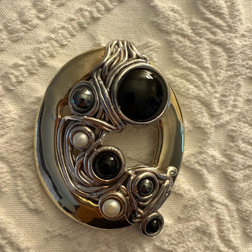 BAT AMI SS Black & White Cabochon Crescent Brooch/Pin Pendant
